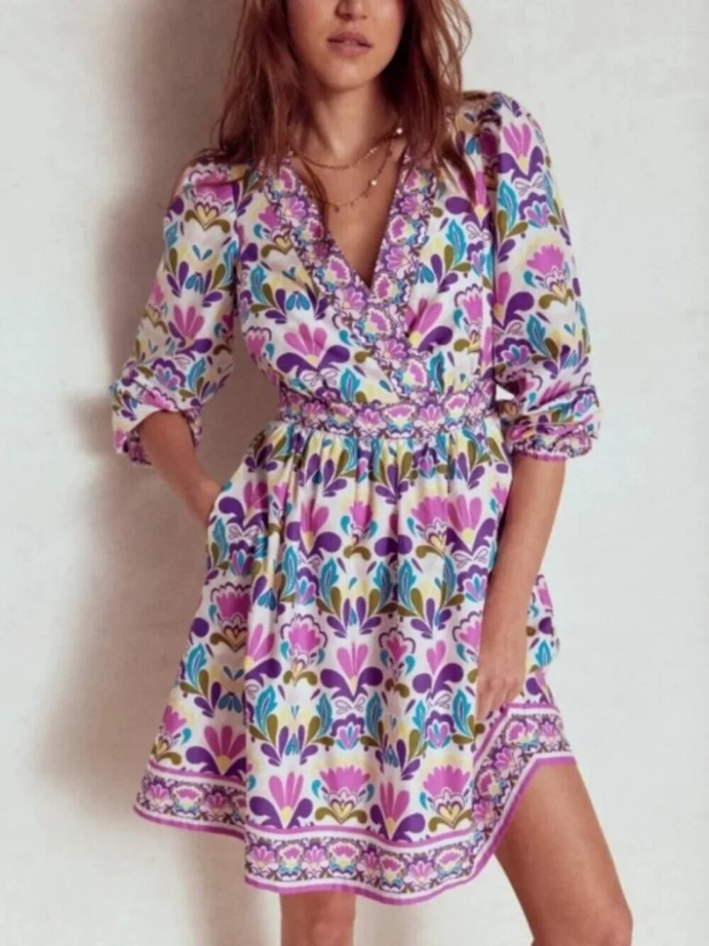 Boden Mya Cotton Long-Sleeve Floral V-Neck Mini Dress Size 8R NWT - Picture 2 of 7